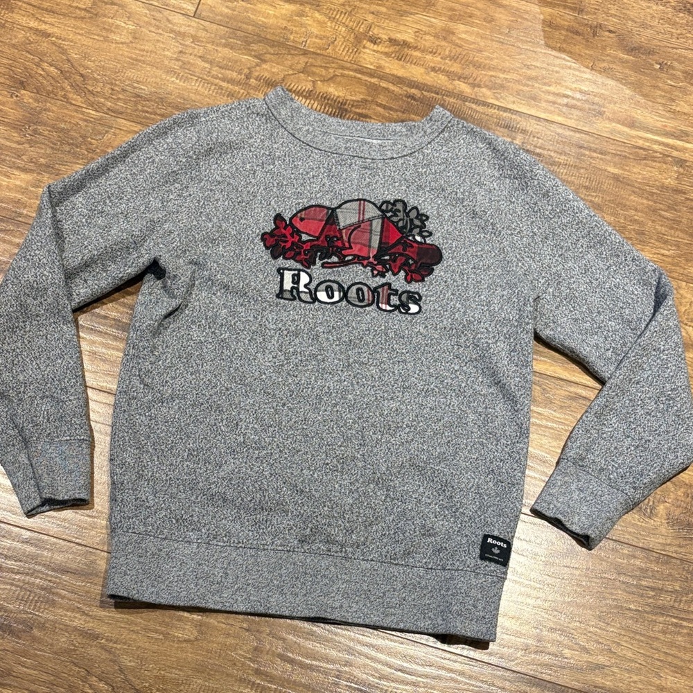 Roots Heather Gray Crewneck Sweater with plaid logo